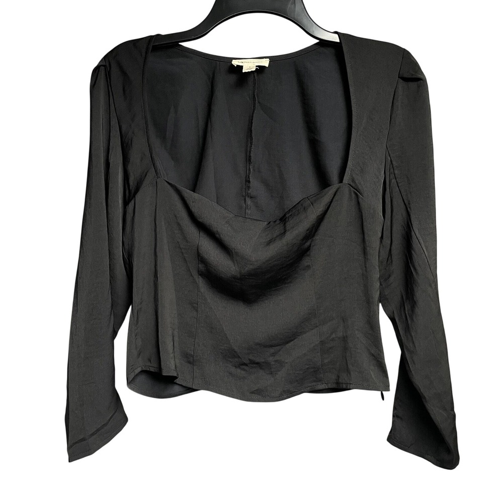 Open Edit Black Long‎ Sleeve Sweetheart Neckline Blouse Top Size S